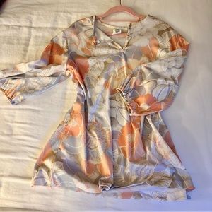 Vintage Pastel Floral Blue Orange White Blouse Top XL